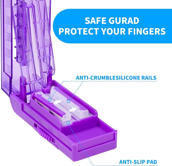 Multiple Pill Cutter for Small or Tiny Pills, Adjustable Pill Splitter for Large Pills Multi Tablets, Stainless Steel Cutting Blade and Blade Guard (Purple)
