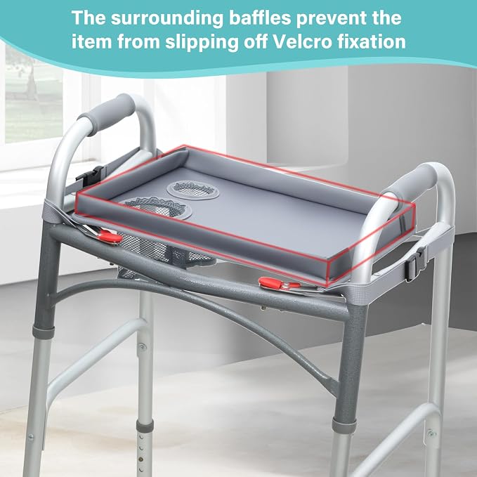 Detachable Walker Tray with Cup Holder, Rolling Folding Walker Accessory for Elderly, Gray Without Pockets with Baffles