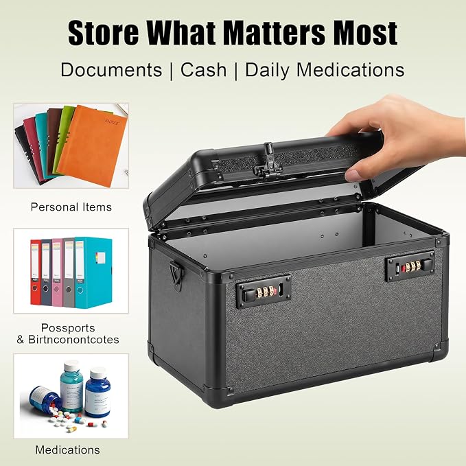 Medium Lock Box with Combination Lock – Portable Lockable Storage Box for Medicine, Cash & Personal Items, Childproof Security Case for Home Dorm Office, 11.2x7.4x6.8 Inch, Black