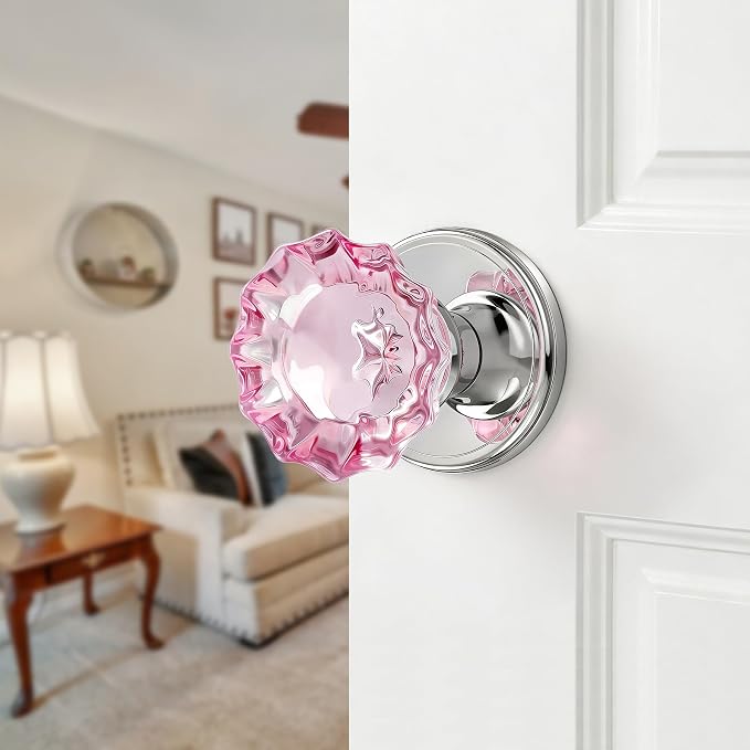 Pink Crystal Glass Dummy Door Knobs Glass Door Knobs Interior | for Closets, French Double Doors, and Pantry, Polished Chrome Non-Turning, 2 Pack