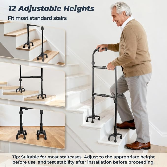 Stair Climbing Aid Cane for Seniors – Height & Width Adjustable, Lightweight Portable, Slip-Resistant Sturdy | Fits Standard Steps 300lbs | Stair Aid Cane for Elderly, Sore Knees, &Post-Surgery