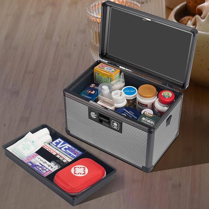 Medicine Lock Box with Key, Alluminum Alloy Box for Medication,First Aid Box with a Removeable Tray to Store Medicines & Pills for Home,Black 10 * 6.89 * 6.89 Inch