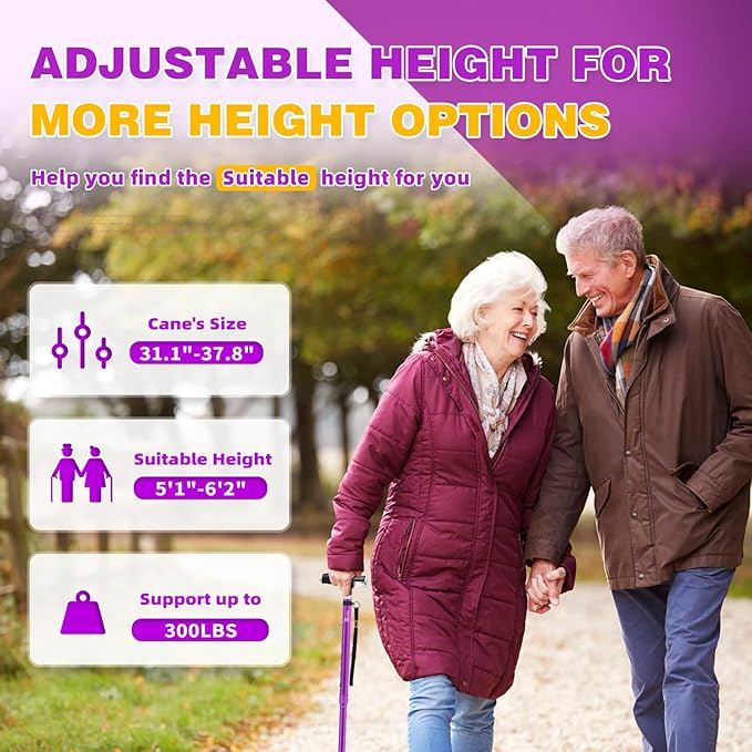 BeneCane Walking Cane for Women Folding Cane for Men with Two Led Lights Quad Cane with Stable Base Lightweight and Adjustable Walking Stick