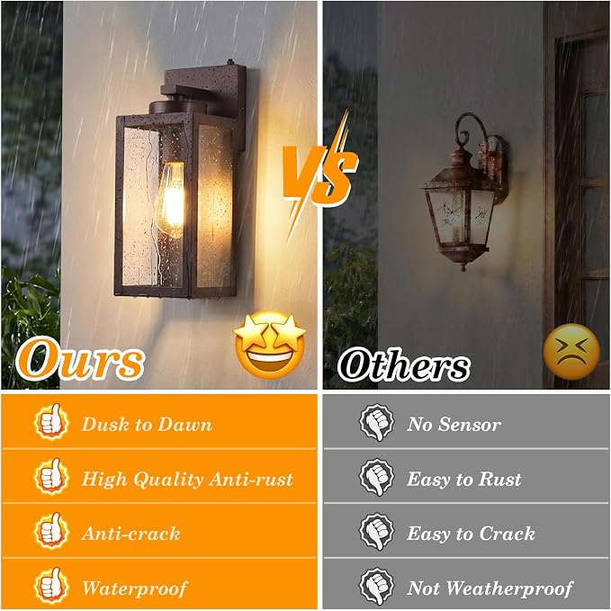 Upgraded Dusk to Dawn Outdoor Wall Lights, Brown, 2-Pack | Auto On/Off, Rust-Resistant, Quick & Easy Installation, Waterproof & Weatherproof, Thick Clear Glass & Durable Metal