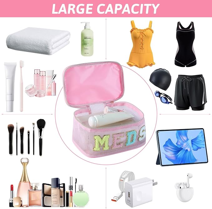 Medicine Bag, Portable Meds Bag with Chenille Letters, Breathable Mesh Makeup Bag Organizer for Travel, Pill Storage & Cosmetic Collection