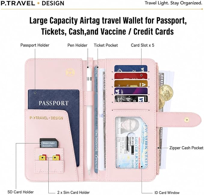 Passport Holder for Travel,Leather Passport Wallet,Travel Document Organizer with AirTag Slot,RFID Blocking With Credit Cards Case,Zippered Coins Pocket and Cash Slot for Women Men