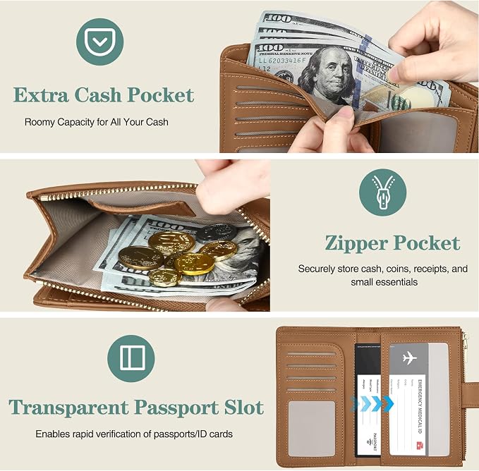 RFID Passport Holder for Travel, Leather Passport Wallet Cover with Airtag | with Airtag Slot, Card Cash Holders, Zippered Coins Pocket, for Women/Men, Gift Box, Travel Essentials, 4.1"L x 1"W x 6.3"H