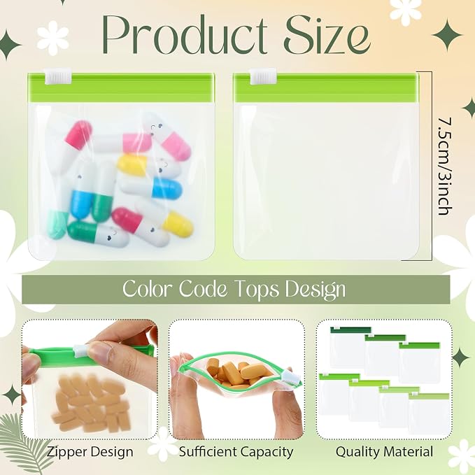 Sherr 35 Pcs Pill Pouch Bags with Zipper Pill Pouch Set Travel Reusable Translucent Medicine Organizer Self Sealing Plastic Bag with Slide Lock for Storage(Gradient Green,3 x 3 Inch,Blank Style)