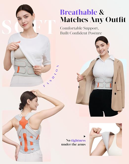 Posture Corrector for Women and Men, Full Back Support Brace, Adjustable Shoulder Straightener, Improving Posture, Relief Upper and Lower Back, Neck Pain, Gray, Medium