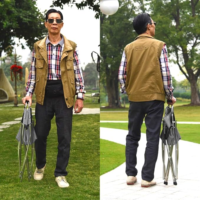 Walking Stick Chair Seat - Folding Camping Cane Portable Stool Heavy Duty Aids for Seniors (L Size Grey)
