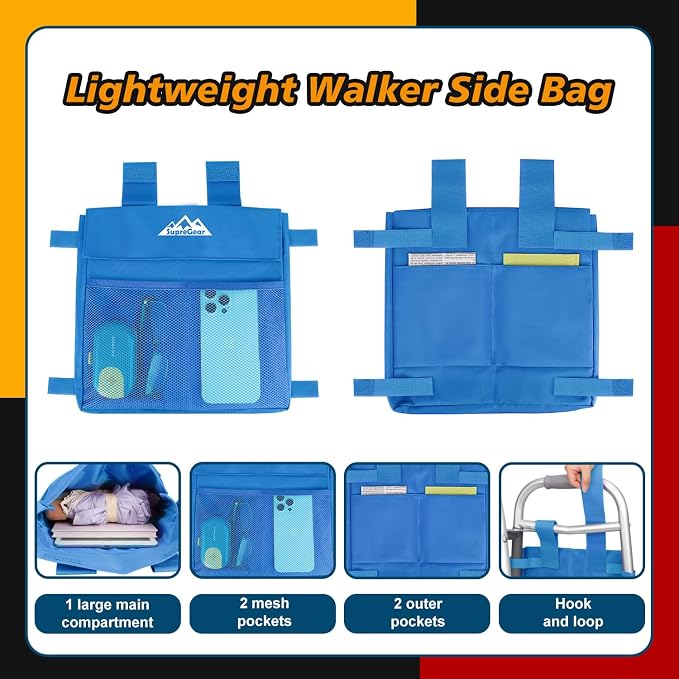 supregear Walker Side Bag, Water Resistant Accessory Basket Pouch for Folding Walkers, Lightweight Hand Free Storage Carrier Tote, Universal Size Seniors Caddy Attachment, Blue