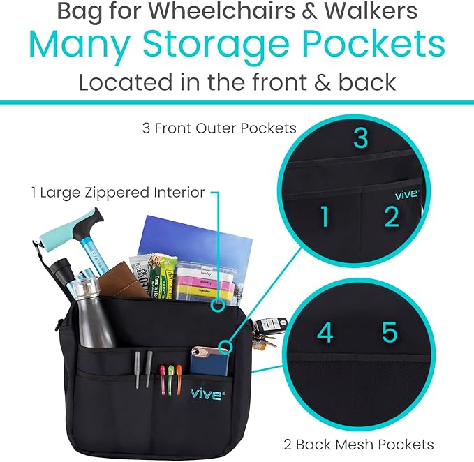 Vive Wheelchair Bag - Machine Washable, Double-Stitched, Water-Resistant Accessory Backpack for Rollators, Wheel Chairs, Walkers - Pouch with XL Pockets & Straps for Quick Installation