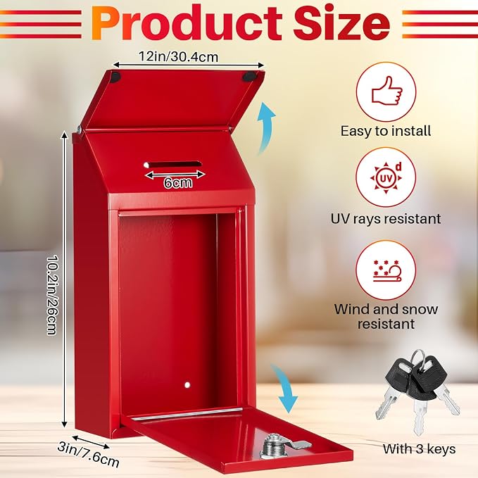 Yaocom Metal Money Box,Red,10.24 x 5.71 x 2.95 Inch,with Lid | Wall Mounted Drop Donation Cash Box for Farm Stand Collection Safe Suggestion Box with Lock Container for Home Office Outdoor
