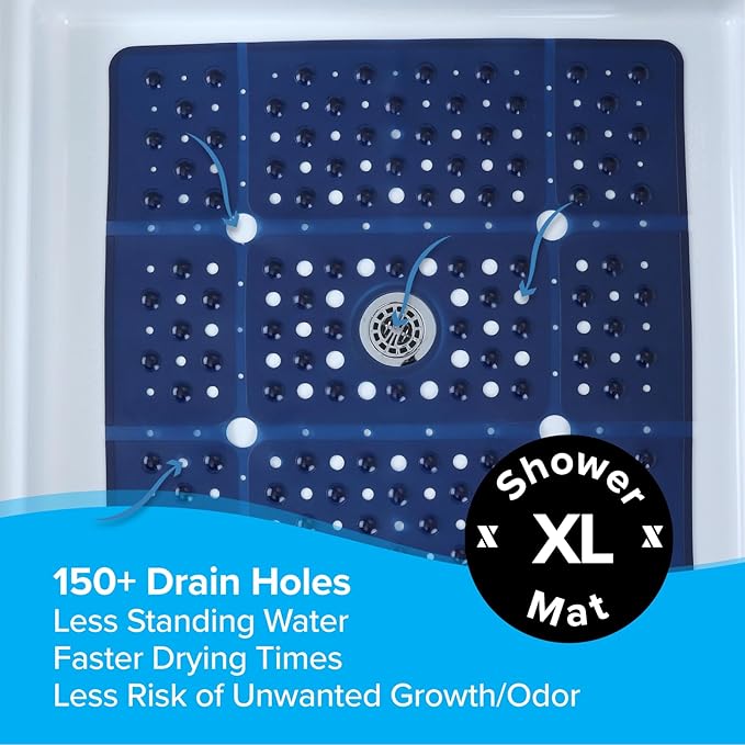 SlipX Solutions 27" Oversize Square Shower Mat, Non-Slip Mat for Elderly & Kids, 100+ Power Grip Suction Cups for Smooth Surfaces, Machine Washable, Navy