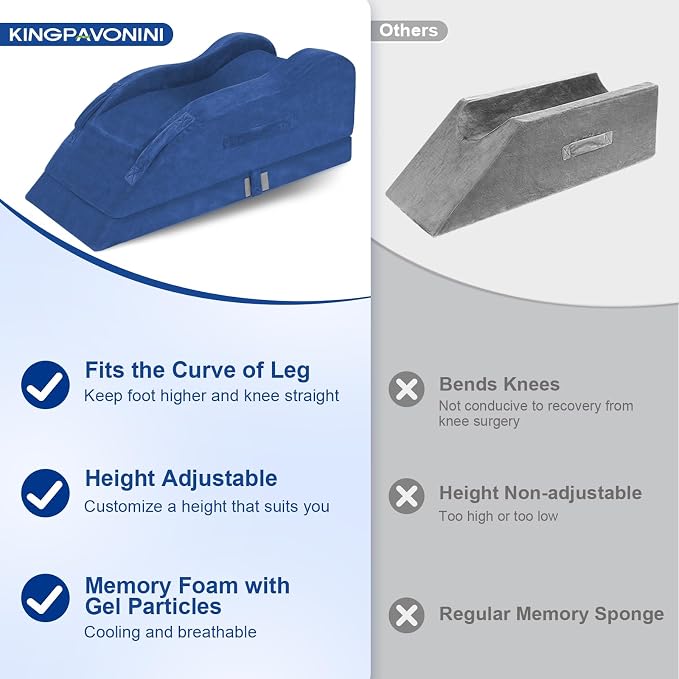 KingPavonini Adjustable Leg Elevation Pillows for After Surgery, Ergonomic Curve Keeps Knee Straight, Memory Foam Leg Pillow Elevation for Blood Circulation, Swelling and Pain Relief (Blue)