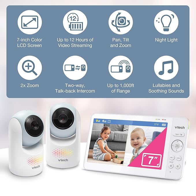 VTech 2-Cameras Video Baby Monitor with 7" Color LCD Screen, Rechargeable Battery, Video and Audio Streaming, Pan-Tilt-Zoom, Touch Multi-Color Night Light, Two-Way Talk: Advanced Max Twin (Blue)