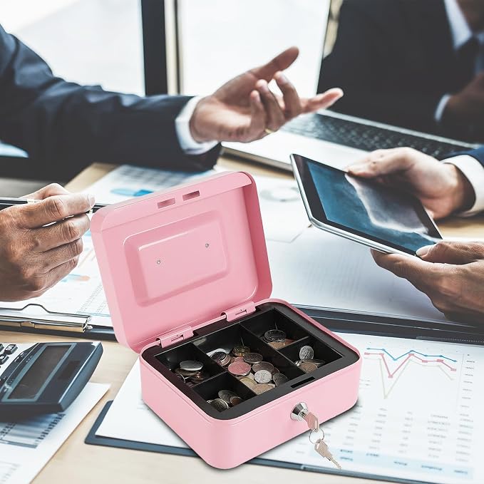 xydled Locking Steel Large Cash Box with Removable Coin Tray and Key Lock,9.84"x 7.87"x 3.54",Pink