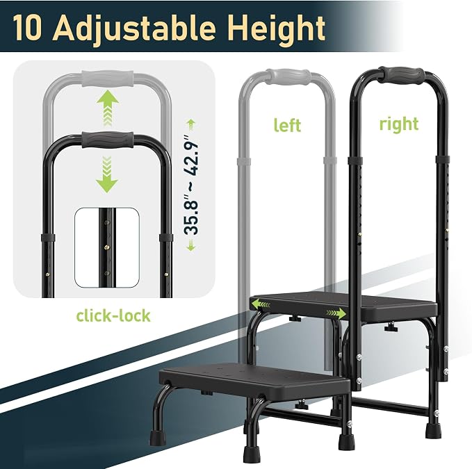 Suteck 2 Step Stool with Handle for Elderly Adults, Adjustable Handrail | 6-Leg Welded Frame, 10-Level Adjustable Handrail, Wide Non-Slip Platform, Bathroom, Kitchen, RV, Black
