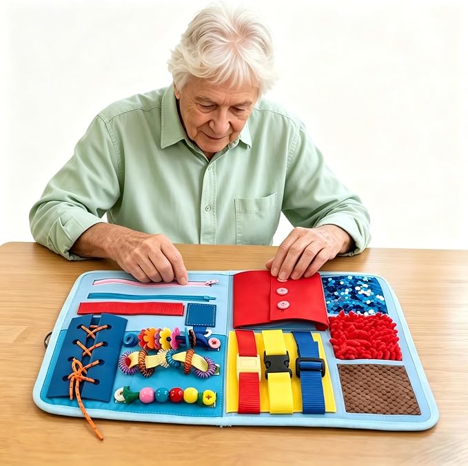 Fidget Blanket for Adults with Dementia Alzheimer's, 8-in-1 Sensory Motor Aids, Busy Blanket for Autism Anxiety, Calming Therapeutic Tool, Fine Motor Activity Mat, Washable Portable