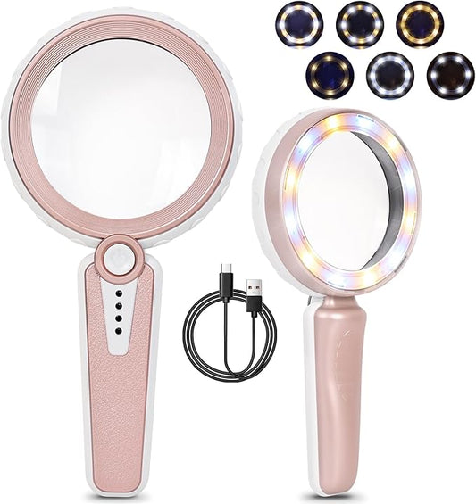 45X Magnifying Glass with Light, 1200mAh Rechargeable, 6 Light Modes, 4.6In Large Handheld Magnifier for Women, Low Vision Seniors with Macular Degeneration, Reading, Jewelry, Coins - Pink
