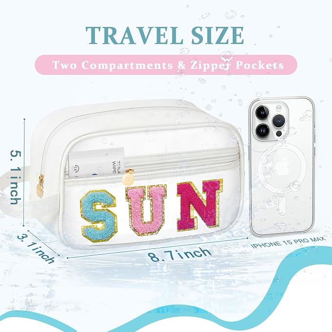 COSHAYSOO Clear SUN Makeup Bag Sunscreen SPF Pouch Beach Pool Lake Spa Travel Cosmetic Toiletry Stuff Organizer for Women Teenage Girls Mothers Day Nurse Appreciation Graduation Preppy Gifts