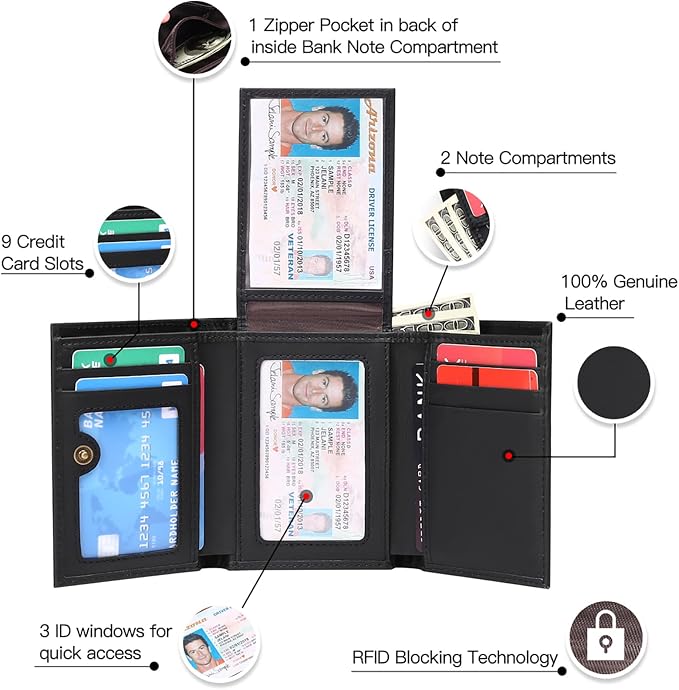 Men's Wallet Genuine Leather Trifold Wallet With ID Window