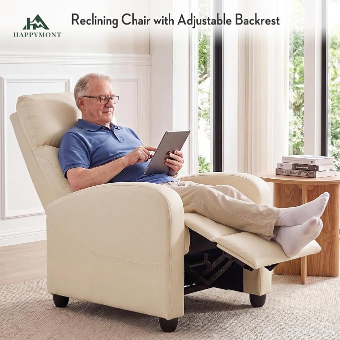 Massage Recliner Chair, Recliner Sofa Fabric for Adults, Recliners Home Theater Seating with Lumbar Support, Reclining Sofa Chair for Living Room, Cream