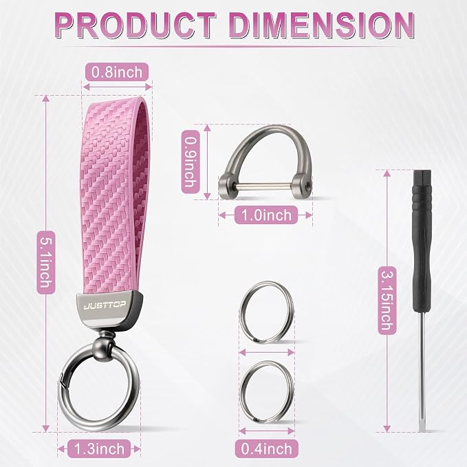 JUSTTOP Leather Keychain, Carbon Fiber Car Key Chain with Anti-Lost D-Ring and 2 Key Ring, Keychain Wristlet, Car Accessories, Universal Keychain for Men and Women (Pink)