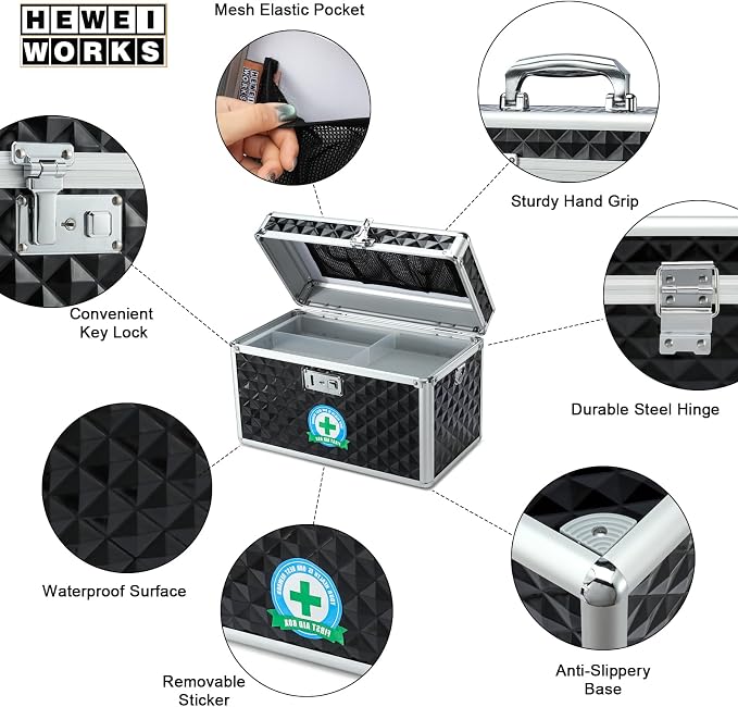 Storage Box with Key Lock, Lockable Medicine Storage Box, Empty First Aid Box, Security Lock Box, Multipurpose Locking Box for Home and Outdoor Use (Black, Large)