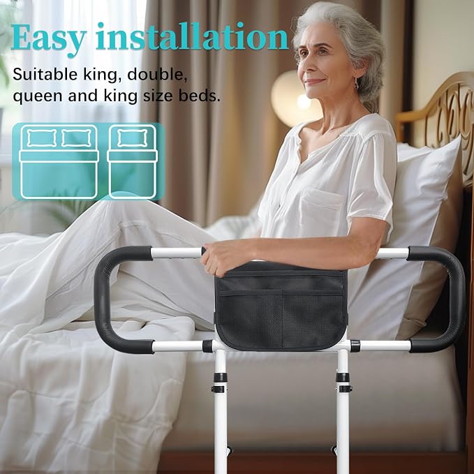 AOHHL Bed Rails for Elderly Adults Safety with Adjustable Heights Storage Pocket Assist Support Side Railings for Seniors Citizens Slides Under Mattressbed Cane Bed Guard Bed (White)