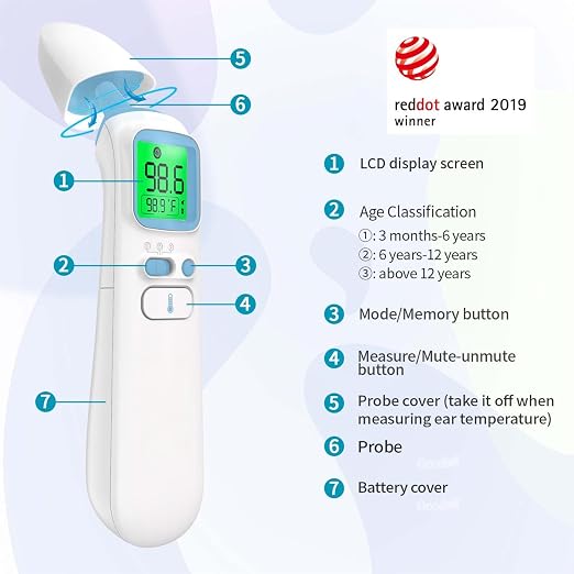 Ear & Forehead Thermometer for Adults, Kids & Baby, 1s Fast and Accurate | Fever Alert with 4-Color Backlit Display, Storage Pouch Included, Silent Mode, ℃/℉ Switchable, 35 Memories, Object Mode