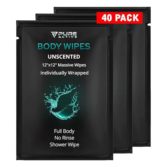 Shower Body Wipes 12"x12", 40 Individually Wrapped Personal Hygiene Body Wipes for Women and Men, Keep Clean After Gym Travel Camping Outdoors Sports, Unscented