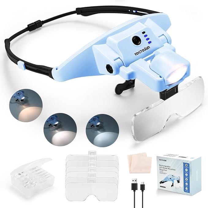 YOCTOSUN Magnifying Glasses with Light, 1.0X-4.0X Head Magnifying Visor | Detachable 6 Lenses,3 Light Colors, Rechargeable Hands-Free Headband Magnifier for Close Work, Crafts, Sewing, Jewelry
