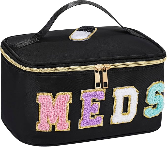 uekeboag Personalized Chenille Letter MEDS Makeup Bag, Portable Nylon Cosmetic Toiletry Storage bag with Top Handle, Transparent Meds Travel Organizer Cosmetic Bag(13Black)