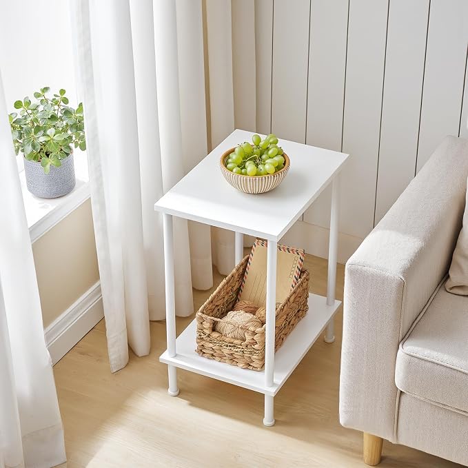 HOOBRO End Table, Small Side Table, Nightstand with 2-Layer Storage Shelves, Sofa Table for Small Spaces, Living Room, Bedroom, Stable Frame, Easy Assembly, White WW09BZ01