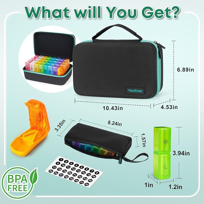 Monthly Pill Organizer 2 Times a Day with Weekly Pill Bag, 30 Day Pill Organizer 2 Times a Day with Large 31 Compartments, Monthly Stickers, Pill Cutter, Hard Travel Case Medicine Vitamins Case