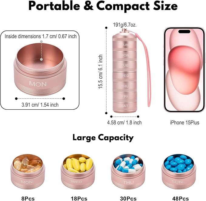 Travel Pill Organizer 7 Day - Waterproof Metal Weekly Pill Box Daily Pill Case with 7 Compartments, Pill Container for Vitamin Medicine Supplements Fish Oil, Pink Daily Pill Organizer