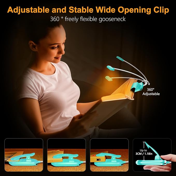 Gritin Rechargeable Book Light for Reading in Bed with 19 LED | Eye Caring 3 Color Temps, 5 Brightness Levels, Memory Function, 90 Hrs Runtime Flexible Goose Neck Clip on Light-Blue