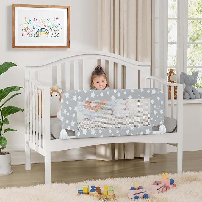 NUTIKAS Crib Rail Guard for Toddlers - 35.4" Toddler Bed Rails Convertible Safety Side Protector Swing Down Mesh Breathable Bed Barriers with Reinforced Anchor Safety