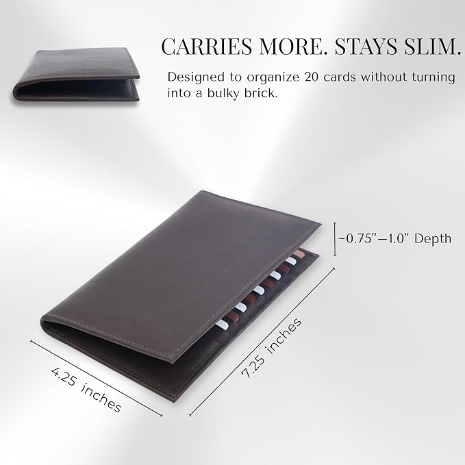 20 Card Wallet for Men, Long RFID Leather Credit Card Holder, Brown | 2 Bill Compartments | ID Window | Open Bifold | Organized Carry | Jacket Friendly