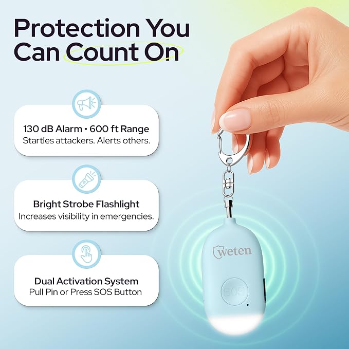 Rechargeable Personal Alarm Keychain, 130dB Siren, LED Light, Blue | Stylish Personal Safety Alert for Women to Carry, Panic Button Alarm for Security