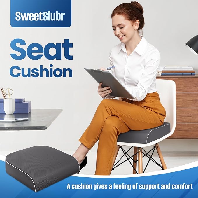 SweetSlubr Seat Cushion for Tailbone Pain Relief, Office Chair Cushion, Memory Foam Large Chair Pad with Non-Slip Cover for Soft Support at Office Chair, Car Seat, Airplane Grey/Large