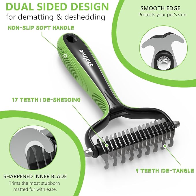 STALTWO Pet Grooming Supplies - 2-in-1 Professional Undercoat Rake and Pet Brush | Shedding Control for Long Haired Dogs and Cats, Deshedding Tool, Pet Grooming for Dogs and Cats, Green