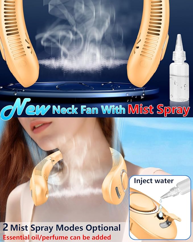 Neck Fan that Blow Cold Air with Mist Spray, Rechargeable with Long Battery Powered, Foldable Water Cooler with LED Display, Leafless Necklace Fans for Women Adult Hot Flashes Summer Outdoor, Apricot