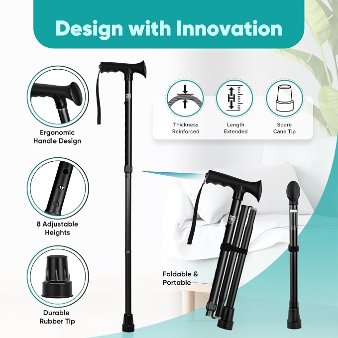 Enhanced Walking Cane (Thicker & Longer) - Foldable, Adjustable, Collapsible, Spare Tip, with Travel Bag | Versatile Walking Stick for Every Height, Weight, Seniors & Adults