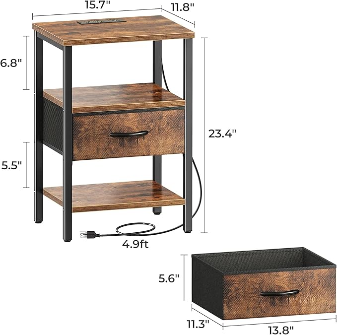 SUPERJARE Nightstand Set of 2 with Charging Station, USB-C Port, End Tables | Night Stand for Bedroom, with Adjustable Fabric Drawer, 3-Tier Storage Bedside Tables for Living Room, Rustic Brown
