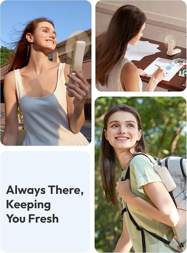Aecooly Slim Portable Fan, Thin Handheld Fan, USB Rechargeable | Mini Personal [24H Max Cooling Time], Battery Powered Small Foldable Pocket for Travel, Summer, Gifts for Women, Girls -Beige