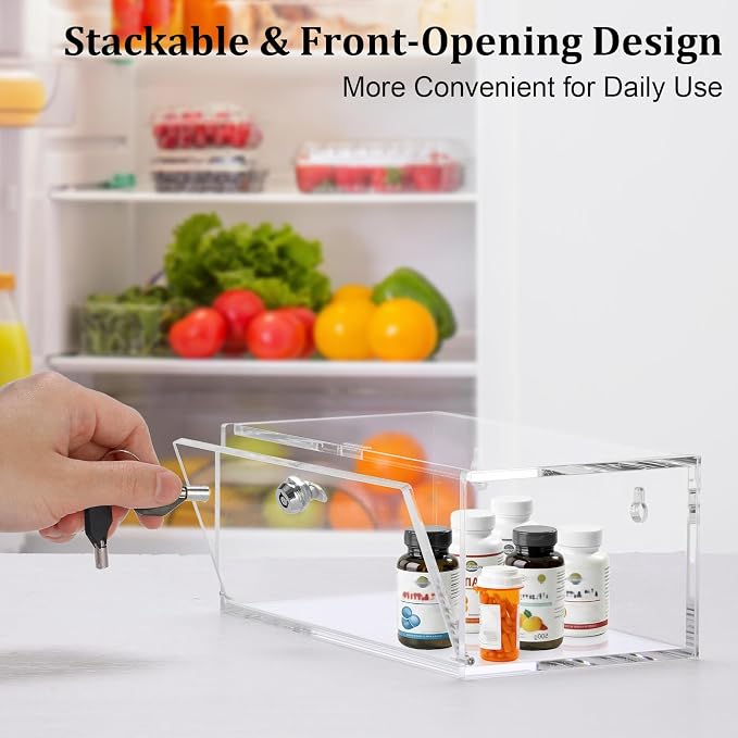 JUXYES Acrylic Clear Refrigerator Medicine Organizer Box with Lid and Lock for Wall and Tabletop - Transparent Medicine Storage Bin - Stackable Fridge Lockable Pill Container for Medical Supplies, S