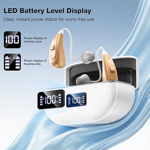 NVBOTY OTC Hearing Aids for Seniors & Adults - Rechargeable, 25+ Hour Battery Life, Advanced Noise Cancellation, 5-Level Volume & Memory, Clear Sound, Comfort-Fit, LED Display (White)