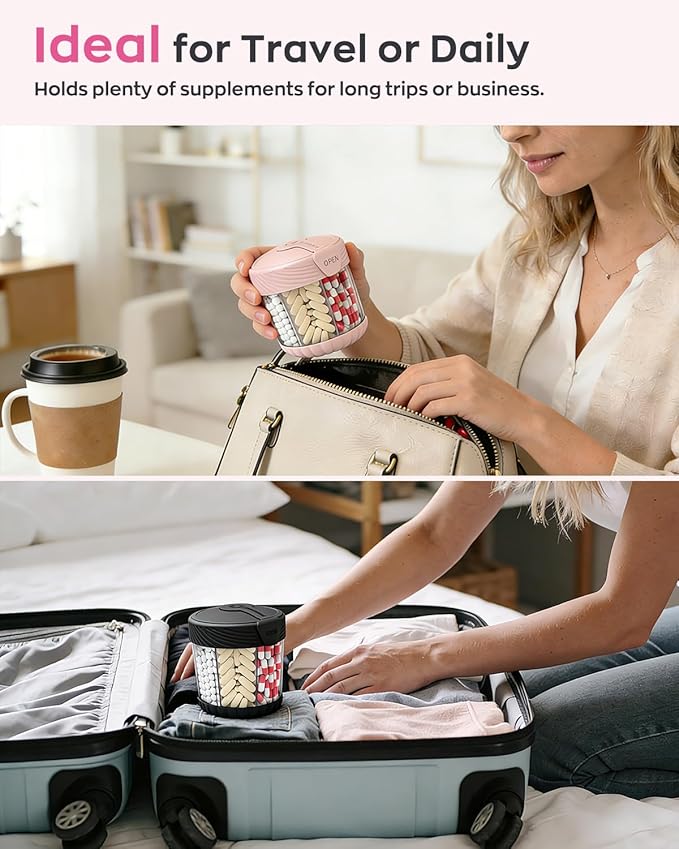 Cute Pill Dispenser with 7 Large Compartments, Portable Pill Bottle Organizer with Wide Opening for Travel, Anti-Mixing Pill Container, Shatterproof BPA-Free, Includes 20 Pcs Labels, Pink